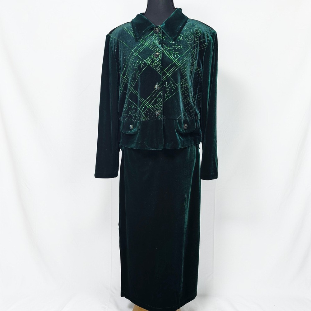VTG Christina Hope Petite Green Velvet 3 Pc Skirt Suit Set Woman Large GothCore